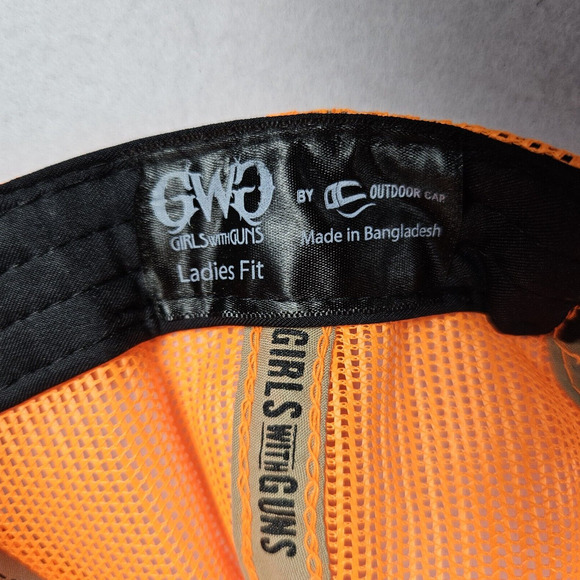 GIRLS WITH GUNS MESH TRUCKER CURVED BILL SNAPBACK HAT NEON ORANGE PONYTAIL HOLE - Picture 8 of 10